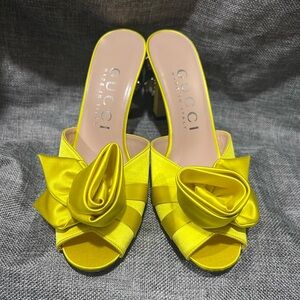 Gucci Yellow Satin Rose Mule Heels Size 37.5